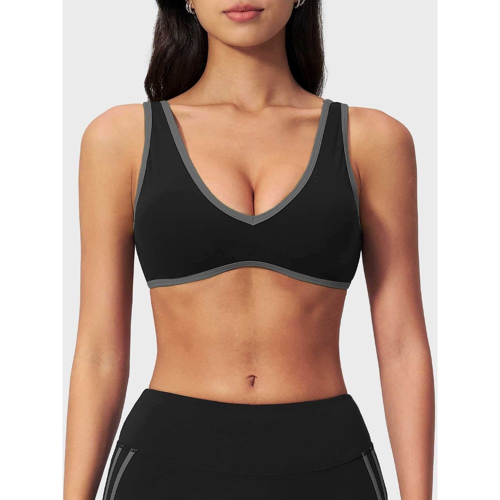 Yeoreo Actor Color Block Sports Bra Black Grey V-Neck Activewear Top Size S